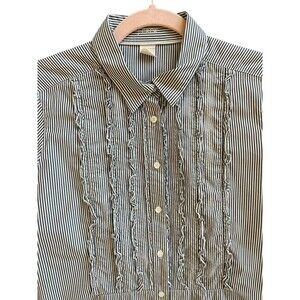 J.Crew Women’s Blue Striped Preppy Tuxedo Ruffle Front Button‎ Down Shirt Blouse